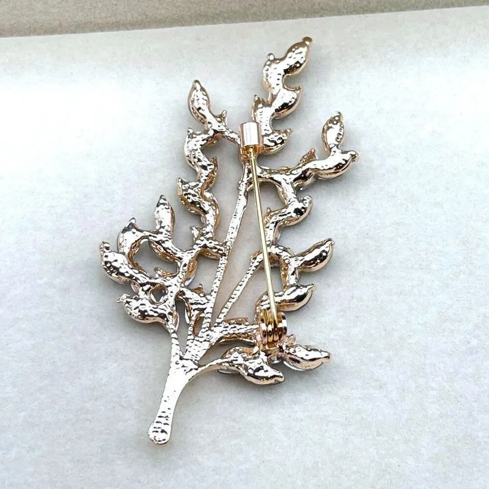 Rose Gold with Blue Sapphire Crystal Tree Branch with Leaves Pin Back Brooch